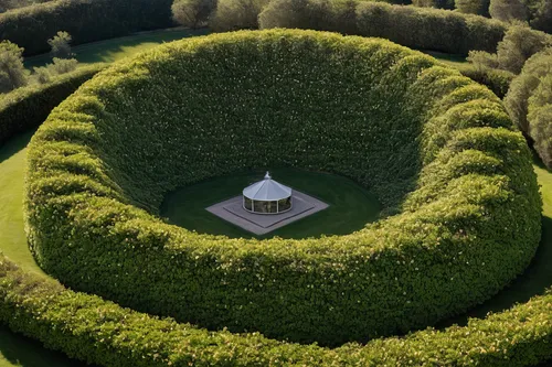 Create a suspenseful story about a hidden treasure rumored to be located near a field of camellia blossoms.,round hut,round house,dovecote,clipped hedge,art forms in nature,roof landscape,manicured,mu