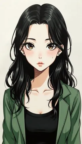 The image is a close-up portrait of a young woman with long dark hair. She is wearing a green jacket and a black top. Her hair is styled in loose waves and falls over her shoulders. She has a serious 