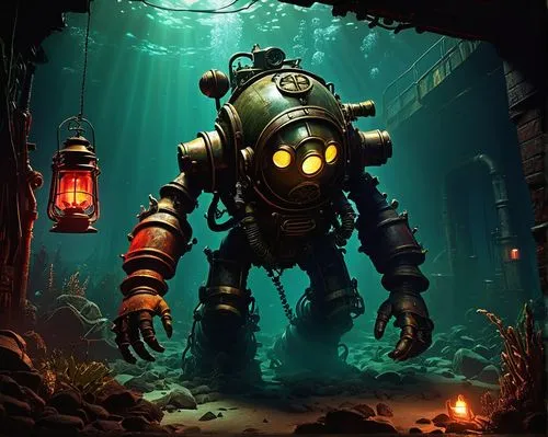 aquanaut,deep sea diving,diving bell,diving helmet,underwater background,undersea,submersible,scuba,bottom of the sea,the bottom of the sea,underwater diving,deep sea,scuba diving,divemaster,under sea,pallet doctor fish,underwater playground,fish-surgeon,under the water,diving equipment,Conceptual Art,Oil color,Oil Color 16