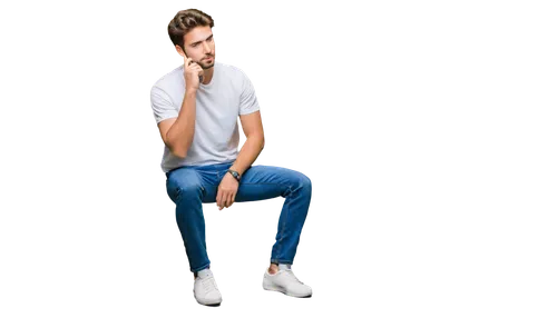 Philosophical male, thinking pose, solo, (25yo), deep thoughtful eyes, furrowed eyebrows, short brown hair, stubble beard, white shirt, dark blue jeans, sneakers, hands on chin, leaning forward, reali