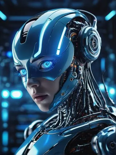 realistic AI robot, metallic body, glowing blue eyes, intricate circuitry details, futuristic laboratory, neon lights, holographic screens, complex machinery, sci-fi atmosphere, sharp angles, high-tec