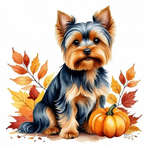 Watercolor clipart of Yorkshire Terrier; Fall aesthetic; no background.,a dog with long hair sitting in the grass,yorkshire terrier,autumn icon,biewer yorkshire terrier,pupkin,yorkshire terrier puppy,