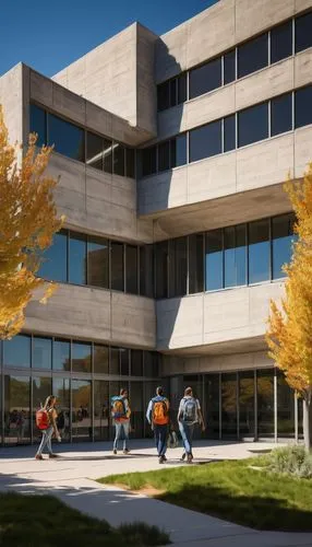 Utah State University campus, modern architectural design, brutalist style, concrete structure, geometric shapes, angular lines, natural light pouring in through large windows, vibrant greenery surrou