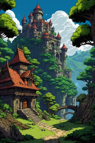 studio ghibli,meteora,mountain settlement,fantasy landscape,ancient city,cartoon video game background,knight's castle,summit castle,bird kingdom,house in the forest,ancient house,home landscape,castle,witch's house,stone palace,ancient buildings,monastery,world digital painting,mountain village,fantasy world,Photography,Documentary Photography,Documentary Photography 05