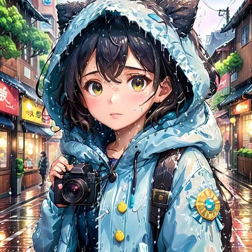 girl puffy coat are completely wet from the rain when she have the big hood up on her head with a close camera on her chest,a woman standing in the rain and holding a camera,walking in the rain,a girl