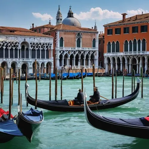 Venice Architecture Biennale, sunny day, cloudy sky, San Giorgio Maggiore church in background, crowded visitors, various national pavilions, modern architectural designs, wooden or steel structures, 