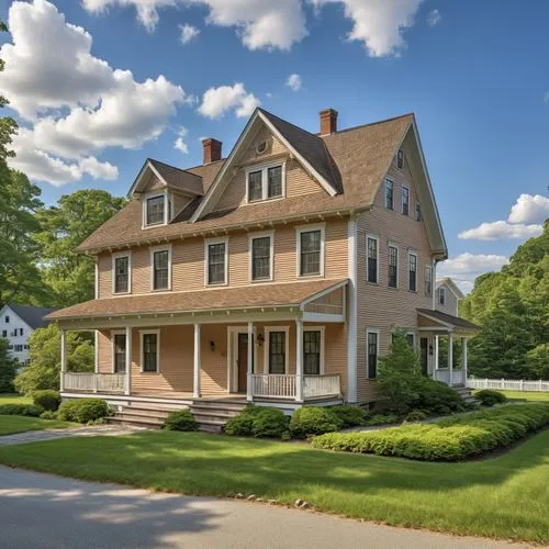 a house that is sitting on a grass field,new england style house,henry g marquand house,victorian house,old colonial house,old victorian,restored home,Photography,General,Realistic