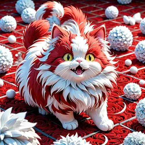 a cat, red and white,fluffy, plush, 3D art, depth of field,high quality,high detail,high degree of precision,,christmas balls background,christmas background,snowball,christmas snowy background,christ