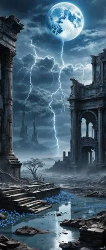 Surface of the Jupiter with a ruins of an ancient city, lien technology, silver moon, lightnings, storm, blue flower petals, fog, strange cratures roaming the land,stormbringer,fantasy picture,the rui