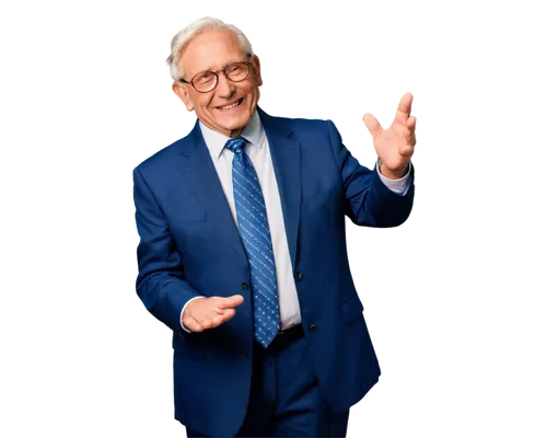 Kind old man, gentle smile, wrinkles on face, white hair, glasses, brown suit, white shirt, dark blue tie, hands behind back, standing, warm lighting, soft focus, 3/4 composition, shallow depth of fie