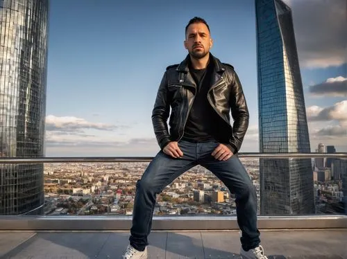 Architectural photography, professional photographer, male, 35yo, holding camera, serious expression, black leather jacket, jeans, sneakers, standing, skyscraper, cityscape, modern architecture, glass