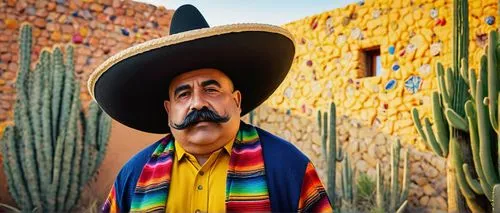 Mexican Humpty Dumpty, colorful sombrero, bushy eyebrows, thick mustache, vibrant serape blanket wrapped around, torn and patched pants, bright yellow shirt with white embroidery, broken ceramic tiles