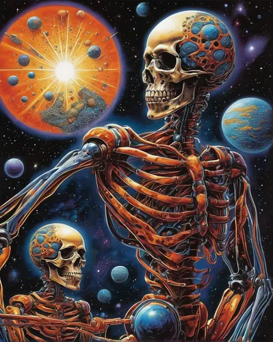 astronomers,astral traveler,space art,astronomical,skeletons,the universe,skulls,orbital,psychedelic art,celestial bodies,astronomy,ego death,scene cosmic,universe,et,skull allover,astro,planetary system,solar system,vanitas,Illustration,American Style,American Style 07