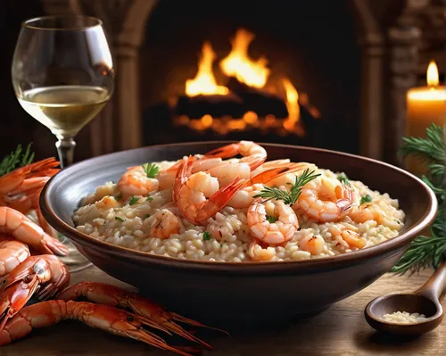 Describe a cozy winter evening by the fireplace with a comforting bowl of shrimp risotto.,shrimp risotto,rice with seafood,cooked frozen arctic sweet shrimp,arborio rice,prawn fried rice,baked shrimp 