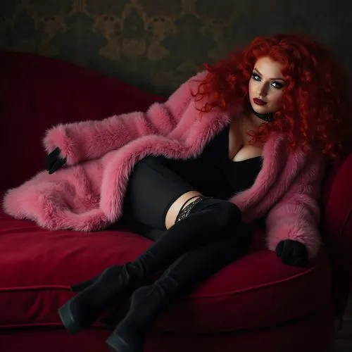 the fur red,fur coat,redhead doll,dark pink in colour,pink chair,sofa,animal fur,derivable,fur,cerise,dark pink,furs,trifonova,velvet elke,burlesque,velveteen,velvets,burlesques,giovino,abigaille