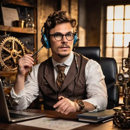 librarian,steampunk,steampunk gears,man with a computer,watchmaker,rodenstock,switchboard operator,spinmeister,genealogists,bernhoft,wireless headset,professor,secretarial,inntrepreneur,cryptologist,werkmeister,devotchka,nerdy,technologist,statistician,Illustration,Realistic Fantasy,Realistic Fantasy 13