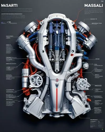 an industrial design sketch of a beautiful Maserati Nettuno 3.0 (V6 T, 630 CV) engine (construction plan),  alien advanced concept model, futuristic style with all the data related to its construction