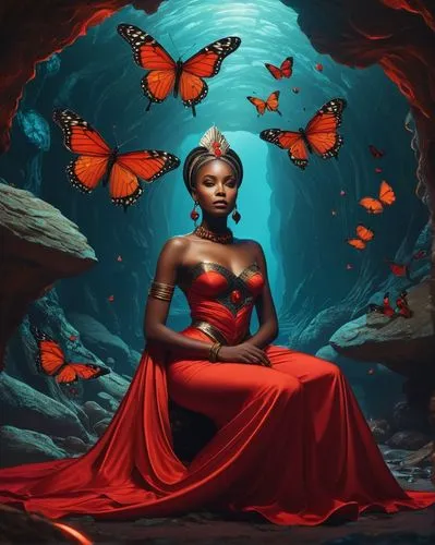 red butterfly,butterfly isolated,butterfly background,oshun,red fly,ledisi,on a red background,isolated butterfly,red magnolia,fantasy art,passion butterfly,world digital painting,african woman,lady in red,queen of hearts,flamenca,fantasy picture,danai,butterflies,afrofuturism,Illustration,Realistic Fantasy,Realistic Fantasy 17