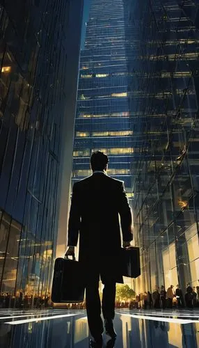 Modern skyscraper, New York City, Manhattan, urban landscape, busy street, suited businessman, 30s, confident expression, black hair, glasses, holding briefcase, standing in front of a sleek glass bui