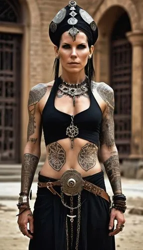 female warrior,tattoo girl,warrior woman,policewoman,steampunk,hard woman,pirate,barbarian,raider,naval officer,celtic queen,viking,tattoo expo,goth woman,police officer,tribal chief,voodoo woman,punk,catrina,breastplate,Photography,General,Realistic