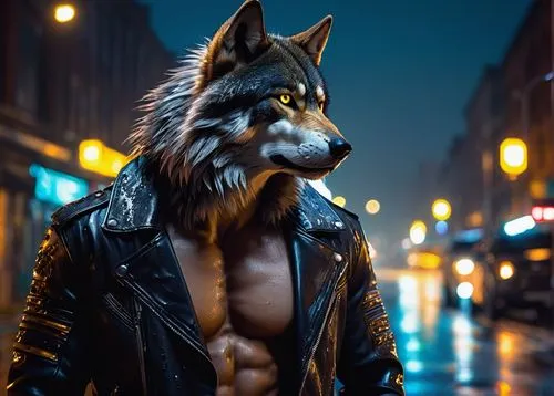 Anthropomorphic wolf, standing upright, muscular physique, fur patterned with gray and white, piercing yellow eyes, sharp facial features, pointed ears, flowing mane hairstyle, black leather jacket, r