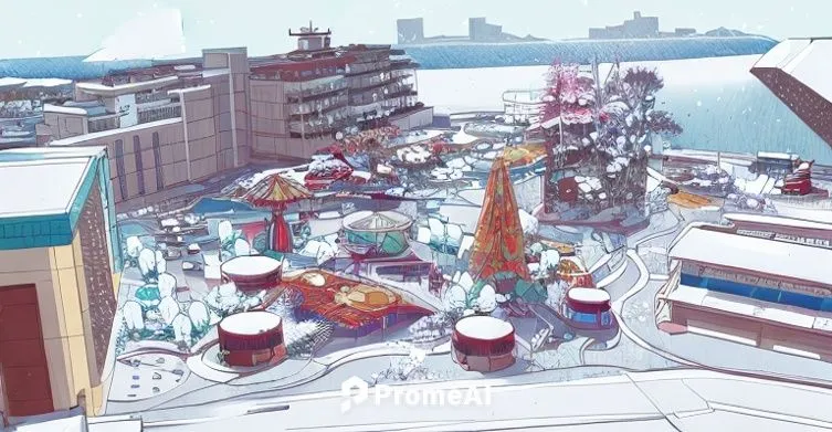 a lunapark and carnival area in luxury hotel landscape near sea
,osaka port,christmas town,moc chau hill,odaiba,concept art,christmas market,namdaemun market,ship yard,harbour city,asakusa,seaport,amu