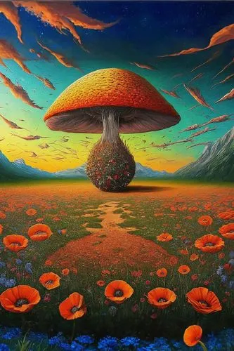 sun sunrise,mushroom landscape,mushroom island,toadstools,mushrooms,psychedelic art,toadstool,medicinal mushroom,cubensis,lingzhi mushroom,champignon mushroom,club mushroom,mushroom,mushroom type,mush