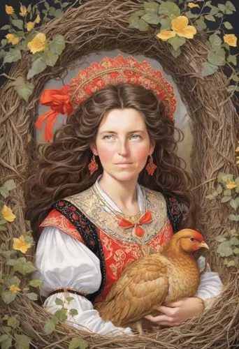 portrait of a hen,hen,girl in a wreath,girl with bread-and-butter,shepherdess,mother hen,Digital Art,Comic