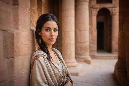 full torso portrait, ((a beautiful latin woman)) in Al Khazneh, The Treasury of Petra, professional photography, Documental photography, fine details, shot with a Zeiss Otus 55 mm lens F/4, best quali