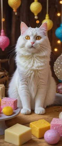 Whimsical cat, sitting pose, golden fur, shiny whiskers, pink nose, gentle eyes, adorable expression, surrounded by scattered butter sculptures, colorful decorations, warm lighting, wooden table, rust