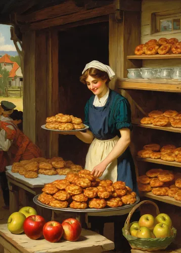 woman holding pie,bakery,girl with bread-and-butter,girl picking apples,bakery products,pastries,cart of apples,apple harvest,grocer,tortas de aceite,woman eating apple,salesgirl,viennese cuisine,pâtisserie,breadbasket,apple fritters,pastry shop,peddler,grant wood,types of bread,Art,Classical Oil Painting,Classical Oil Painting 14