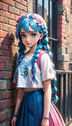  a young woman with long blue braids stands against a wall, her expression a mix of confidence and defiance. She wears a white crop top with a pink flower design, a blue pleated skirt at the london bi