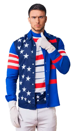 muscular man, patriotic costume, American flag patterned shirt, blue pants, white gloves, serious facial expression, proud posture, hand on chest, strong jawline, short brown hair, bright blue eyes, s