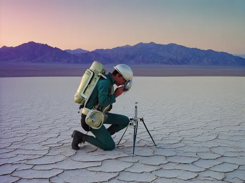 surveyor,theodolite,surveying equipment,salt-flats,conceptual photography,geologist,nature photographer,capture desert,badwater,satellite phone,spotting scope,salt flat,arid land,salar de uyuni,photographers,badwater basin,mission to mars,resuscitator,salt flats,tranquility base,Conceptual Art,Sci-Fi,Sci-Fi 29