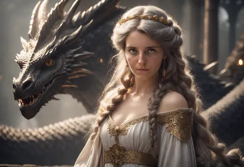 portrait of a woman with flowing light brown hair, in medieval dress, dark background with dragon,queen cage,dragon,dragons,wyrm,game of thrones,dragon slayer,fantasy woman,dragon li,golden dragon,bra