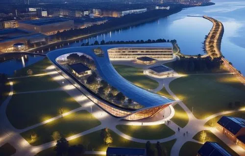 Campus of events, party on the green meadow, view through glass.,an aerial view of the building at night,autostadt wolfsburg,bjarke,gdynia,elbphilharmonie,europan,songdo,skolkovo,mipim,bicocca,mvrdv,m