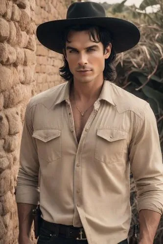 Strong man on a rich ranch in Jalisco, Mexico. Rich style. Elegant ranch house. Villain vibes, black hair, black clothes, cowboy hat, handsome, agave ,a man with long hair wearing a hat standing by a 