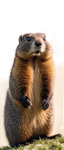 Marmot, rodent, alpine meadow, furry body, brown fur, white patches on forehead, cute face, whiskers, standing upright, looking around, grassland background, warm sunlight, soft focus, shallow depth o