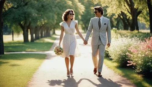 Happy couple, walking side by side, gentle sunlight, warm atmosphere, green trees lining the path, blooming flowers of various colors, soft grass beneath feet, elegant lady, curly brown hair, bright s