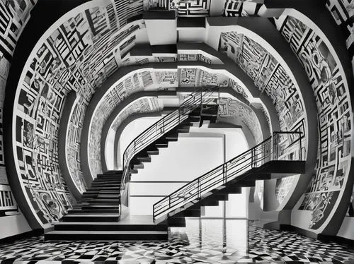 labyrinthine,spiral staircase,stairway,escher,winding staircase,escaleras,stairways,piranesi,escalera,art deco,panopticon,labyrinths,phleger,staircases,circular staircase,staircase,biomechanical,stairwell,marienbad,karchner,Illustration,Black and White,Black and White 25