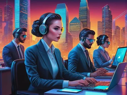 neon human resources,call center,call centre,computer business,corporate,abstract corporate,workforce,business people,blur office background,cyberpunk,women in technology,sci fiction illustration,telephone operator,employees,night administrator,corporation,white-collar worker,business women,human resources,business world,Illustration,Retro,Retro 16