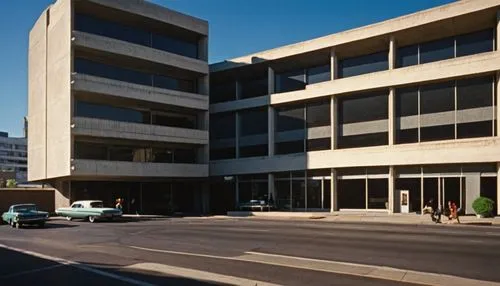 Mid-century modern architecture, 1960s style, brutalist building, geometric shapes, concrete structure, large windows, sliding glass doors, minimalist ornamentation, functionalism design philosophy, u