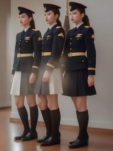 at random,the three girls are in uniforms for a parade,uniforms,a uniform,stewardesses,berets,military uniform,uniform,Photography,General,Realistic