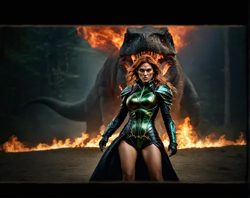 a huge t-rex being hunted by a beautiful huntress with flame for hair shooing lighting bolt from hands,crocodile woman,digital compositing,fantasy woman,the enchantress,firestar,darth talon,super hero