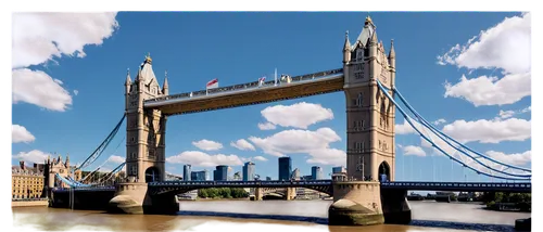 London Bridge, iconic landmark, majestic structure, stone towers, suspension cables, River Thames, sunny day, blue sky, white clouds, morning light, 3/4 composition, low-angle shot, dramatic shadows, 