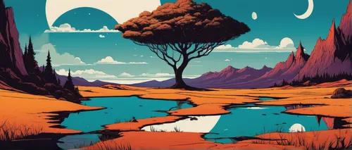 swampy landscape,earth rise,travel poster,lunar landscape,mushroom landscape,old earth,alien planet,lagoon,desert planet,dead vlei,futuristic landscape,plains,barren,floating islands,terraforming,alien world,acid lake,floating island,an island far away landscape,cartoon forest,Illustration,Vector,Vector 11