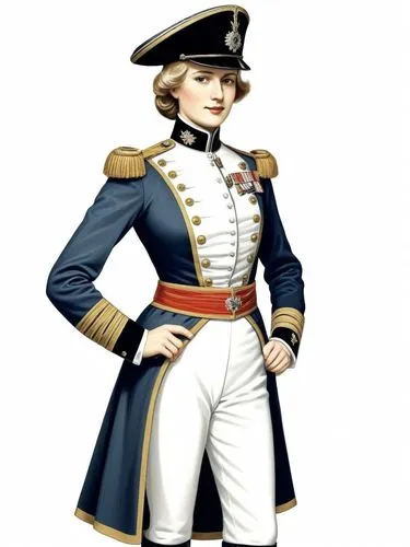 Fit my distinguished Prussian friend, Dame Colonel-General Ficky-Louise von Manteuffel, with a tight-fitting ladies' uniform.,an illustrated painting of a man dressed in military clothing,napoleon bon