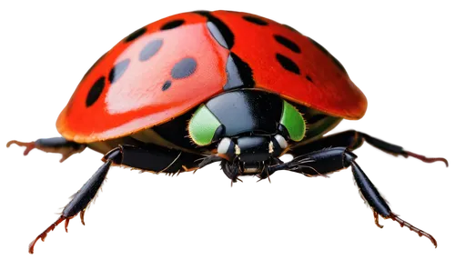 ladybug, red shell, black spots, delicate wings, green leaves, tiny legs, shiny exoskeleton, detailed eyes, morning dew, soft sunlight, 3/4 composition, shallow depth of field, warm color tone, cinema