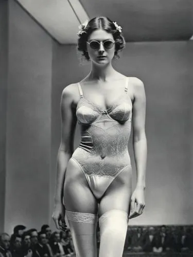 Claire on the catwalk, presenting underwear,the model wears an underwireted bodysuit and stockings,blumenfeld,female body,brassai,meyerhold,doisneau,schiaparelli,Photography,Black and white photograph