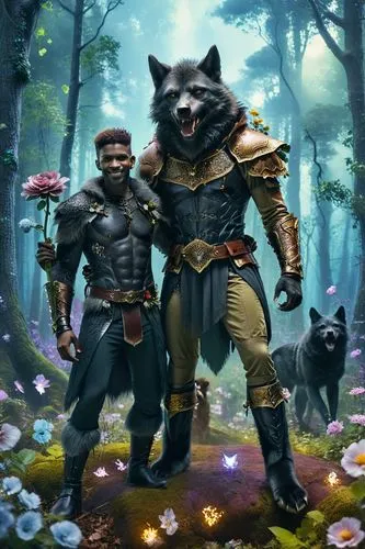 In an enchanted forest where the forest floor is covered with translucent flowers of varying colors, a fur-covered black werewolf holds up a flower to his male companion. The werewolf has digitigrade 